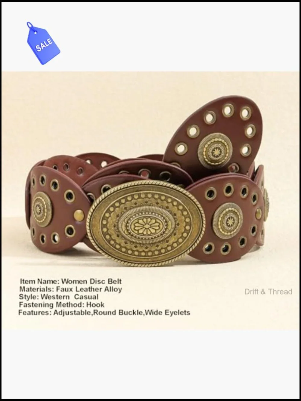 Vintage Western Cowgirl Concho Belt Wide PU Leather Disc for Jeans